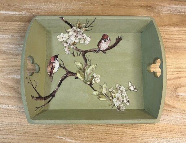 Plateau vert motif fleurs et oiseaux